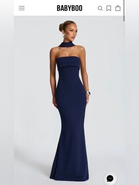 Strapless Navy Evening Gown with Detachable Neckband